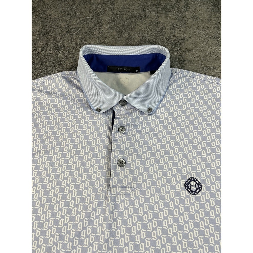 Greyson Golf Polo Shirt Mens Medium Light Blue Geometric AOP Performance EUC